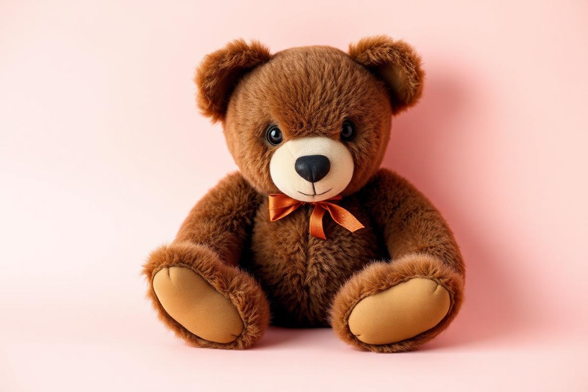 Klassischer brauner Vintage-Teddybär vor pastellrosa Hintergrund