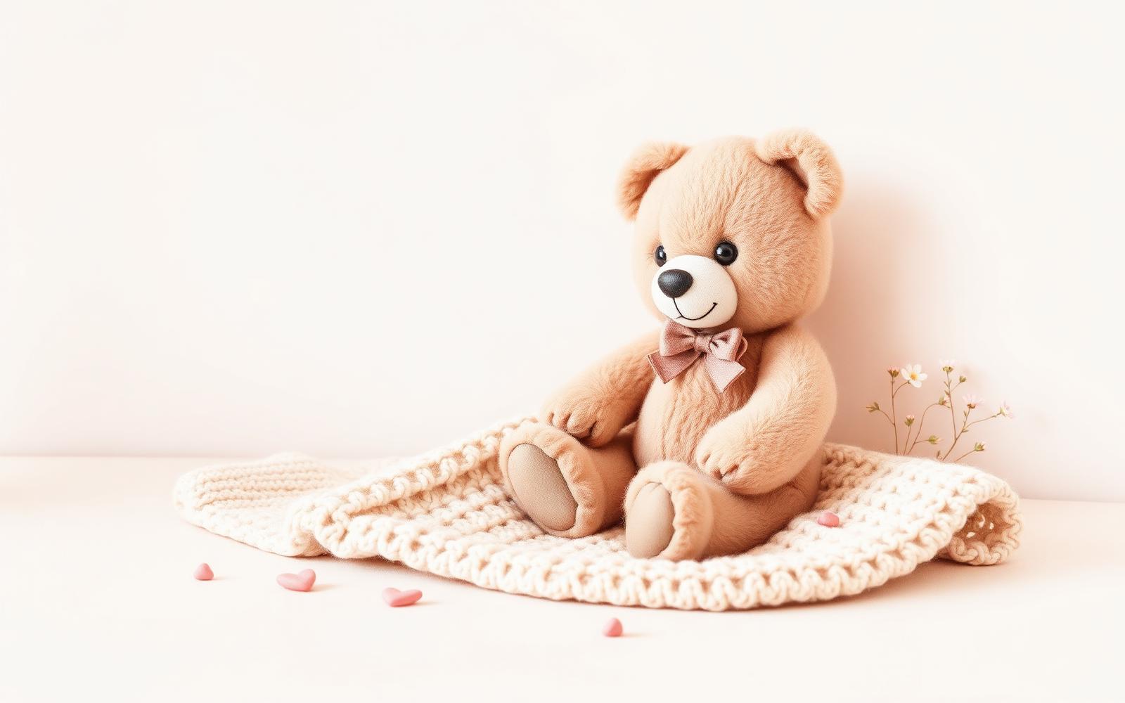 Kuscheliger Teddybär auf einer weichen Strickdecke mit Herzen und Blumen