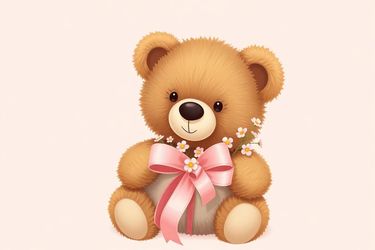 Verpackter Teddybär mit rosa Schleife und kleinen Blumen