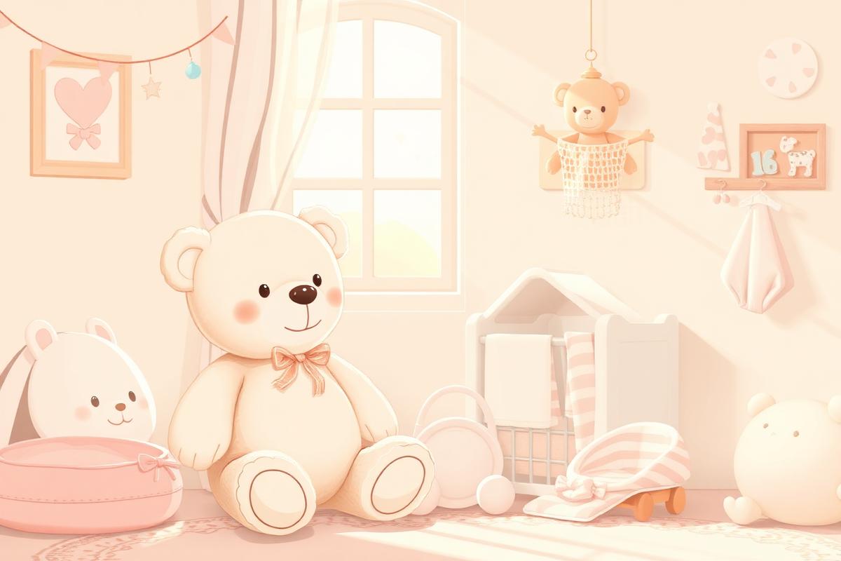 Weicher Plüschbär in einem sonnigen pastellfarbenen Kinderzimmer