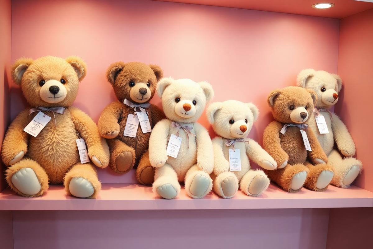Sammlung von Sammler-Teddybären auf einem Regal mit Anhängern